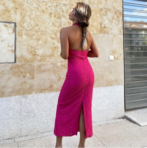 Zara * Fuchsia Pink Lace Halter Midi Dress Size S and L - Picture 5 of 16